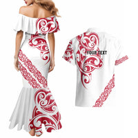 All White Maori Tribal Tattoo Personalised Couples Matching Mermaid Dress and Hawaiian Shirt Classic Red Polynesian Style - Polynesian Pride
