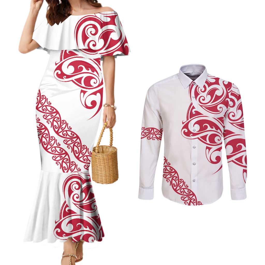 All White Maori Tribal Tattoo Personalised Couples Matching Mermaid Dress and Long Sleeve Button Shirt Classic Red Polynesian Style - Polynesian Pride