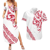 All White Maori Tribal Tattoo Personalised Couples Matching Summer Maxi Dress and Hawaiian Shirt Classic Red Polynesian Style - Polynesian Pride