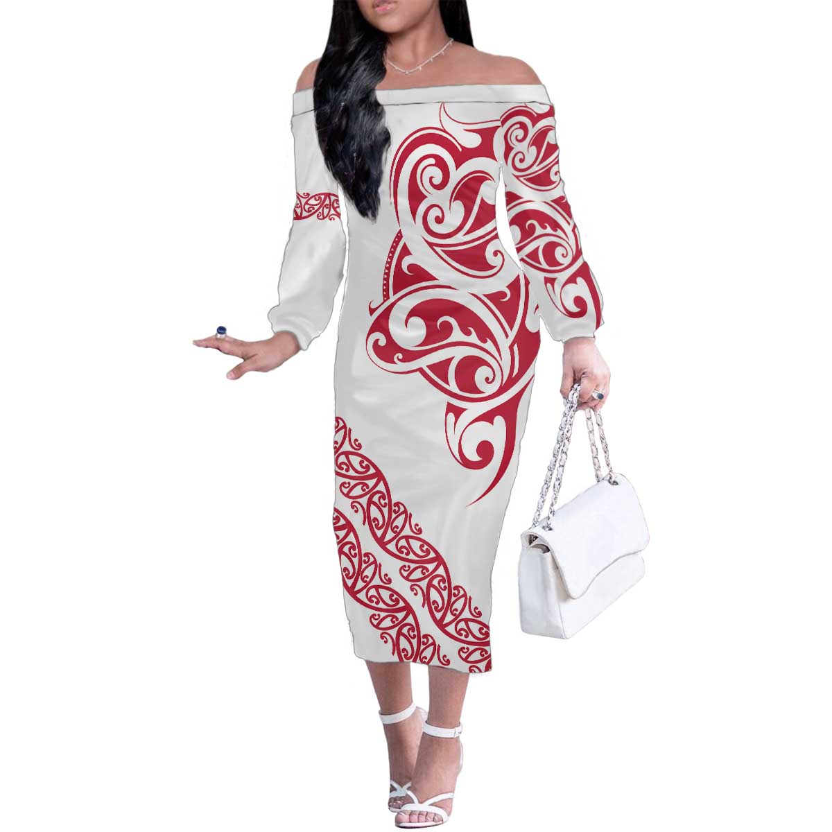 All White Maori Tribal Tattoo Personalised Family Matching Off The Shoulder Long Sleeve Dress and Hawaiian Shirt Classic Red Polynesian Style - Polynesian Pride