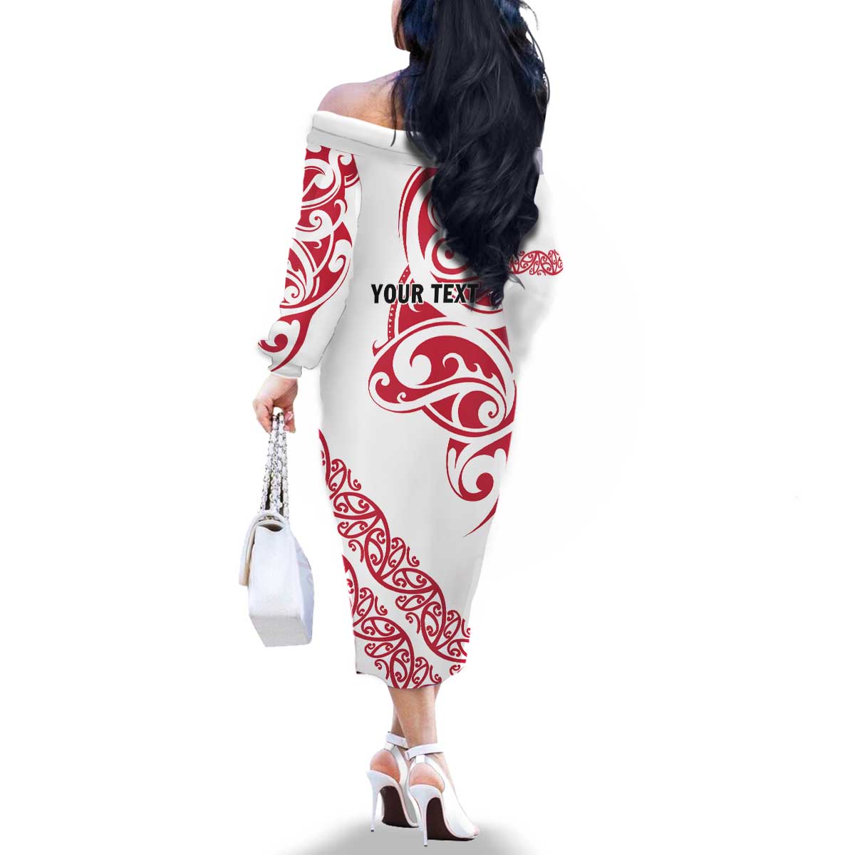 All White Maori Tribal Tattoo Personalised Family Matching Off The Shoulder Long Sleeve Dress and Hawaiian Shirt Classic Red Polynesian Style - Polynesian Pride