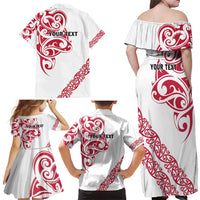 All White Maori Tribal Tattoo Personalised Family Matching Off Shoulder Maxi Dress and Hawaiian Shirt Classic Red Polynesian Style - Polynesian Pride