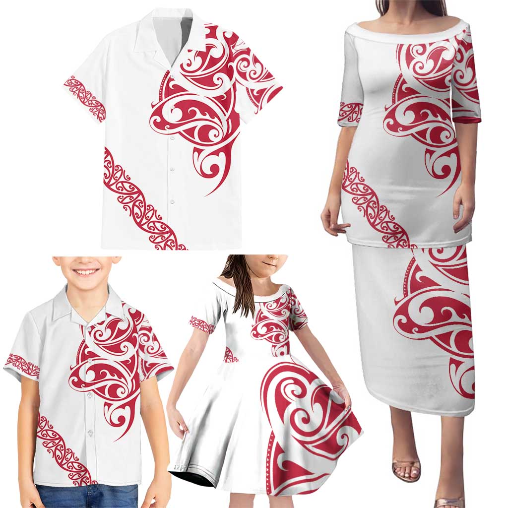 All White Maori Tribal Tattoo Personalised Family Matching Puletasi and Hawaiian Shirt Classic Red Polynesian Style - Polynesian Pride