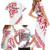 All White Maori Tribal Tattoo Personalised Family Matching Short Sleeve Bodycon Dress and Hawaiian Shirt Classic Red Polynesian Style - Polynesian Pride
