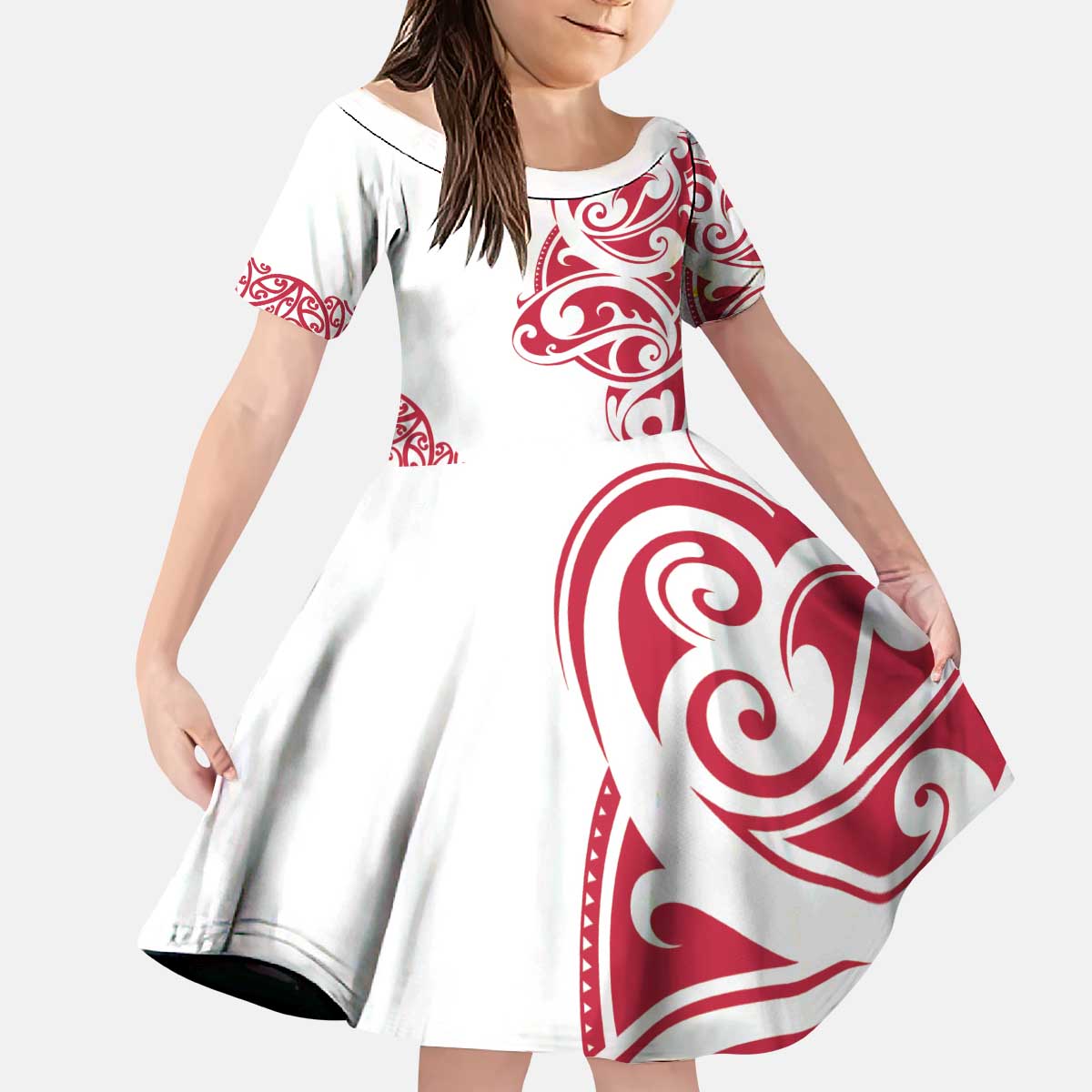 All White Maori Tribal Tattoo Personalised Kid Short Sleeve Dress Classic Red Polynesian Style - Polynesian Pride