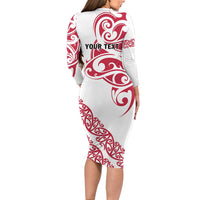 All White Maori Tribal Tattoo Personalised Long Sleeve Bodycon Dress Classic Red Polynesian Style - Polynesian Pride