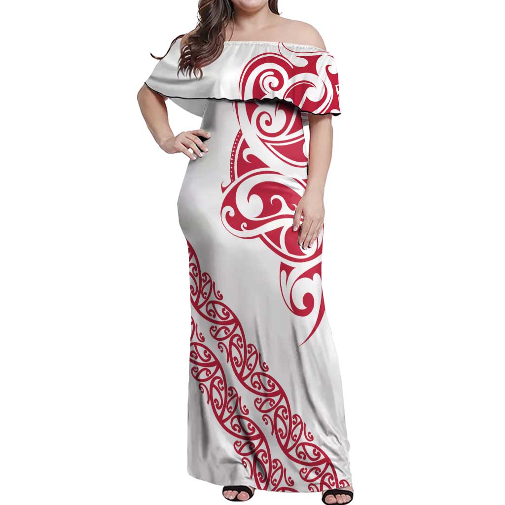 All White Maori Tribal Tattoo Personalised Off Shoulder Maxi Dress Classic Red Polynesian Style - Polynesian Pride