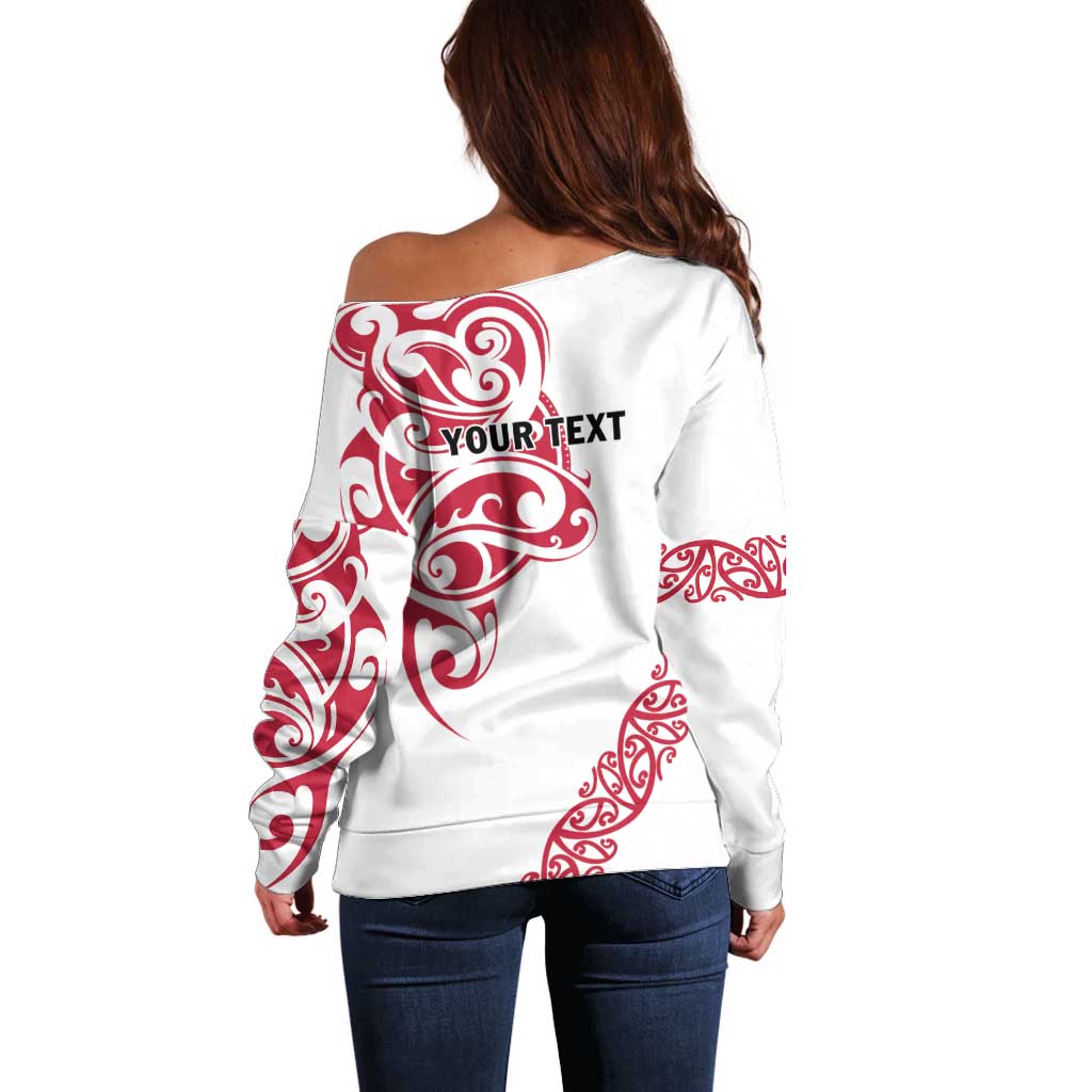 All White Maori Tribal Tattoo Personalised Off Shoulder Sweater Classic Red Polynesian Style - Polynesian Pride