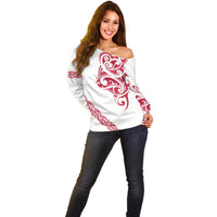 All White Maori Tribal Tattoo Personalised Off Shoulder Sweater Classic Red Polynesian Style - Polynesian Pride