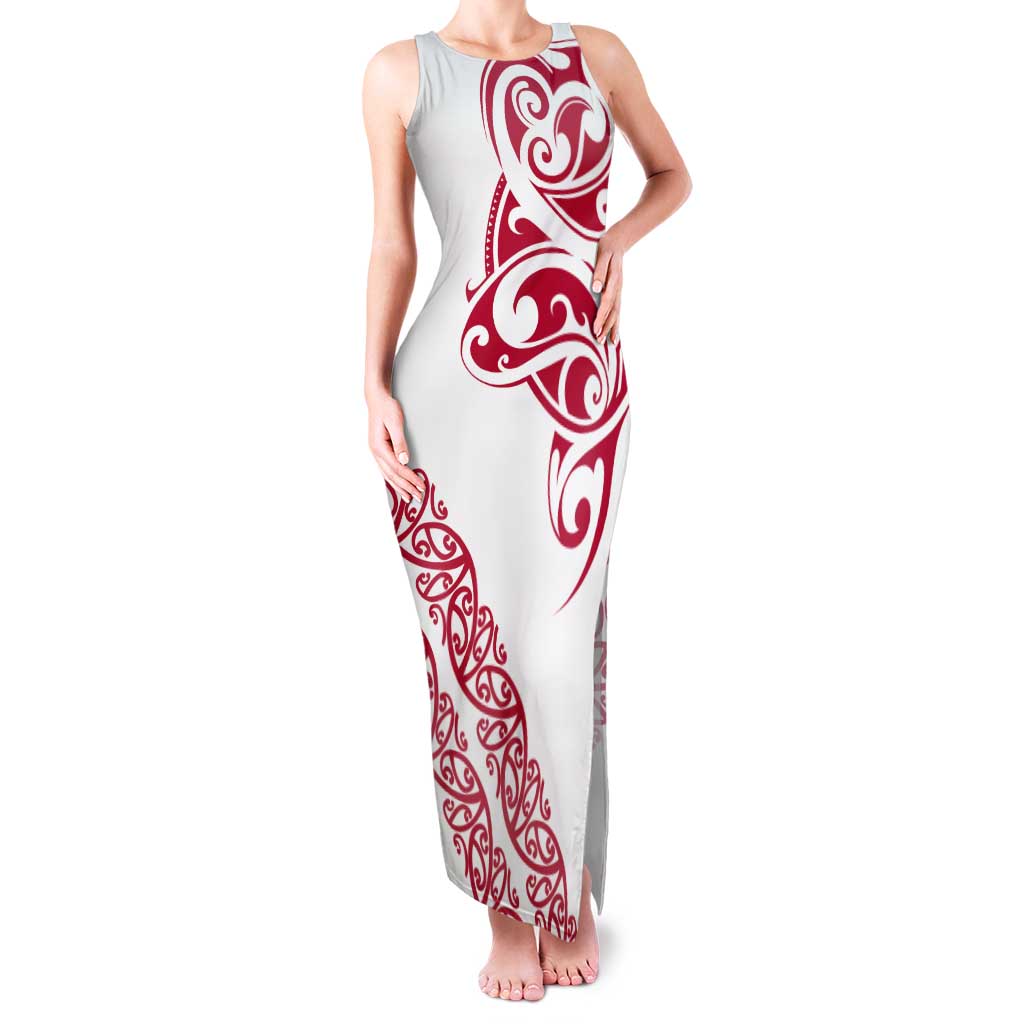All White Maori Tribal Tattoo Personalised Tank Maxi Dress Classic Red Polynesian Style - Polynesian Pride