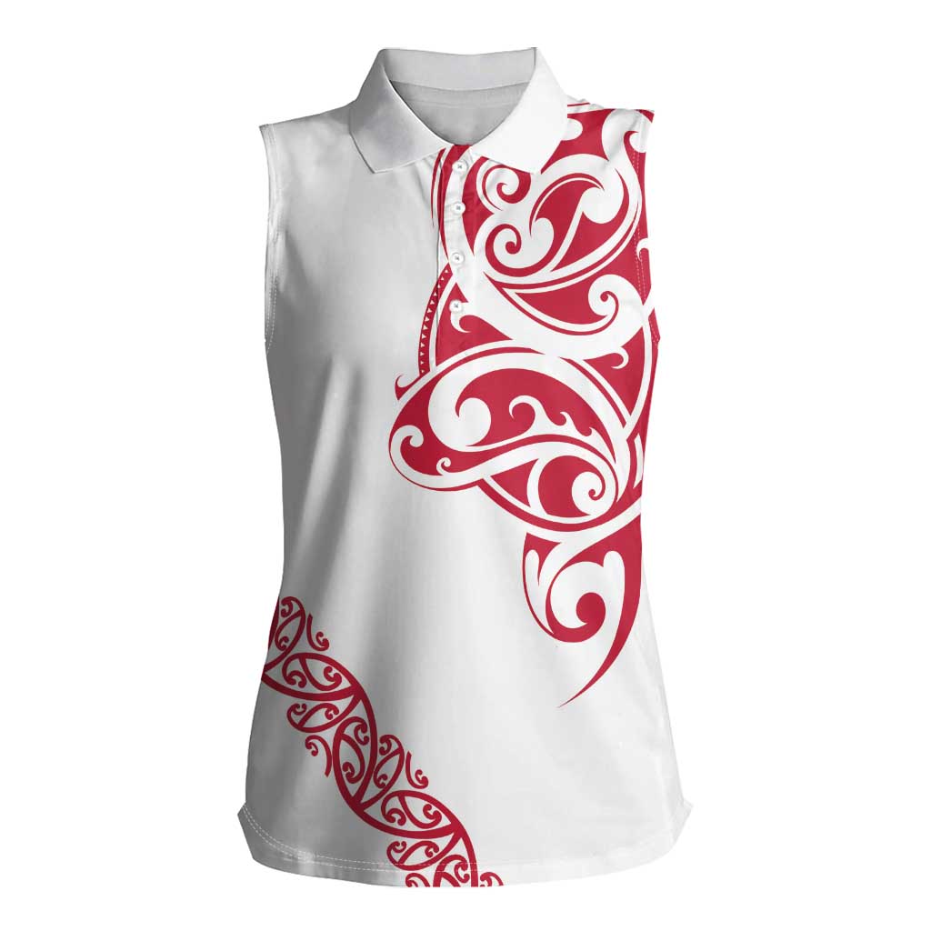 All White Maori Tribal Tattoo Personalised Women Sleeveless Polo Shirt Classic Red Polynesian Style - Polynesian Pride