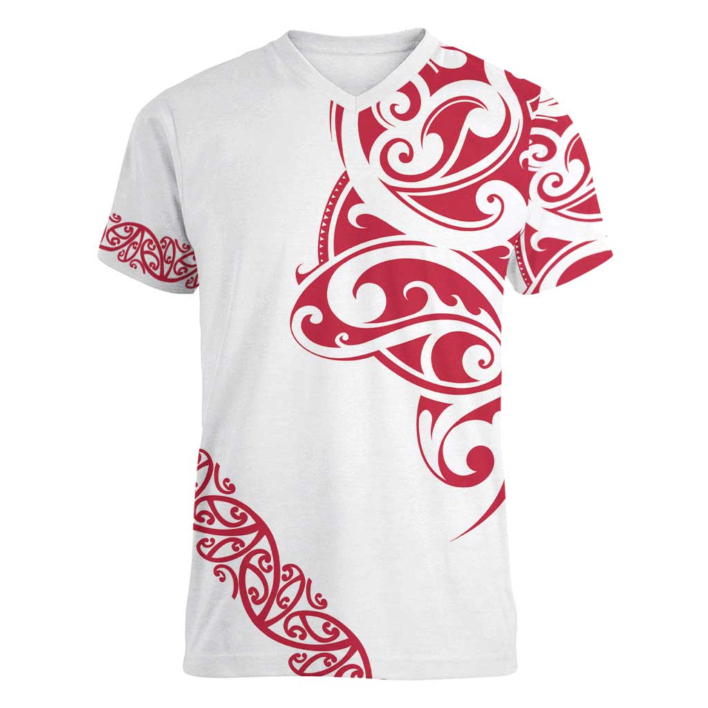 All White Maori Tribal Tattoo Personalised Women V-Neck T-Shirt Classic Red Polynesian Style - Polynesian Pride