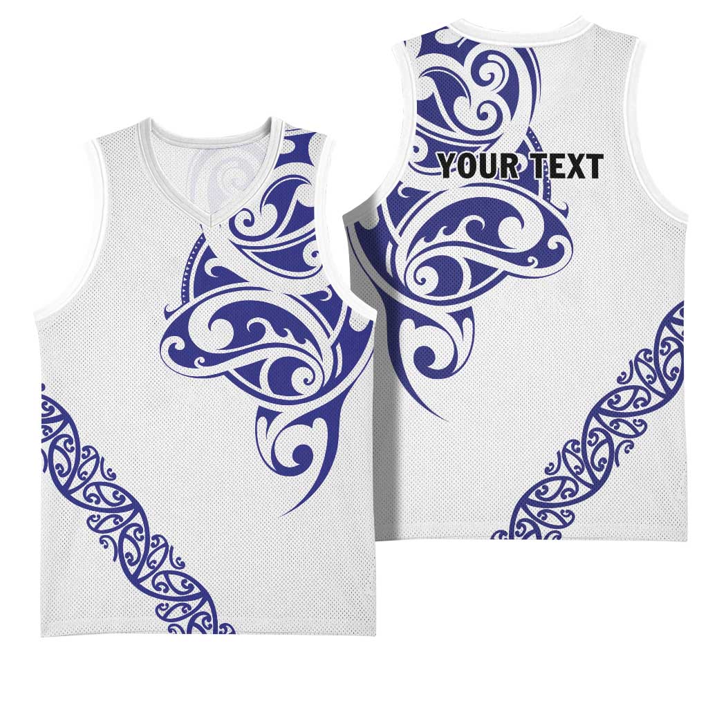 All White Maori Tribal Tattoo Personalised Basketball Jersey Dark Blue Polynesian Style - Polynesian Pride