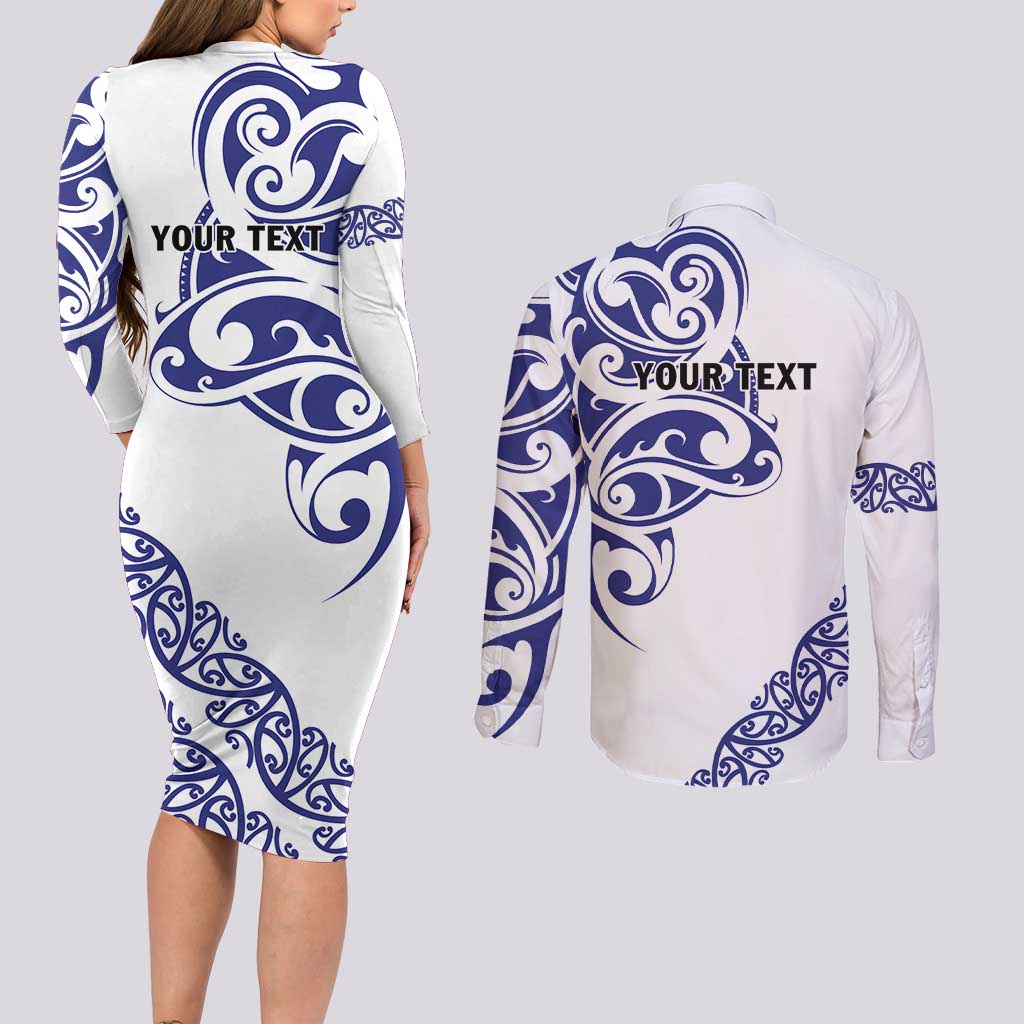 All White Maori Tribal Tattoo Personalised Couples Matching Long Sleeve Bodycon Dress and Long Sleeve Button Shirt Dark Blue Polynesian Style - Polynesian Pride