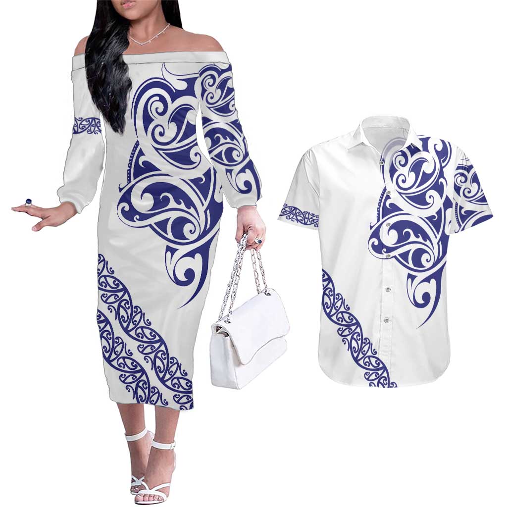 All White Maori Tribal Tattoo Personalised Couples Matching Off The Shoulder Long Sleeve Dress and Hawaiian Shirt Dark Blue Polynesian Style - Polynesian Pride