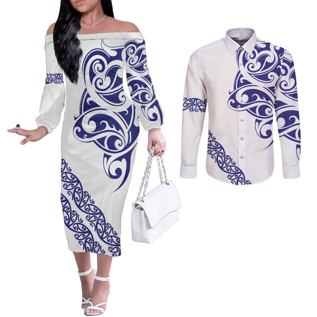 All White Maori Tribal Tattoo Personalised Couples Matching Off The Shoulder Long Sleeve Dress and Long Sleeve Button Shirt Dark Blue Polynesian Style - Polynesian Pride