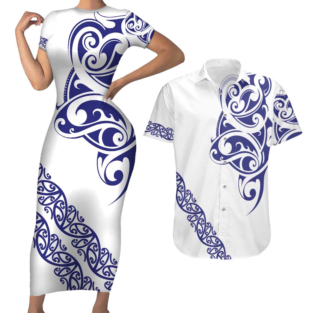 All White Maori Tribal Tattoo Personalised Couples Matching Short Sleeve Bodycon Dress and Hawaiian Shirt Dark Blue Polynesian Style - Polynesian Pride