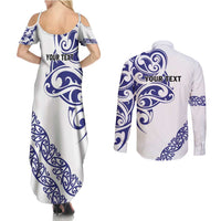 All White Maori Tribal Tattoo Personalised Couples Matching Summer Maxi Dress and Long Sleeve Button Shirt Dark Blue Polynesian Style - Polynesian Pride