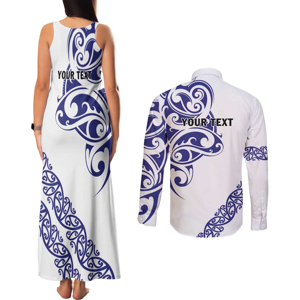All White Maori Tribal Tattoo Personalised Couples Matching Tank Maxi Dress and Long Sleeve Button Shirt Dark Blue Polynesian Style - Polynesian Pride