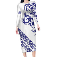 All White Maori Tribal Tattoo Personalised Family Matching Long Sleeve Bodycon Dress and Hawaiian Shirt Dark Blue Polynesian Style - Polynesian Pride