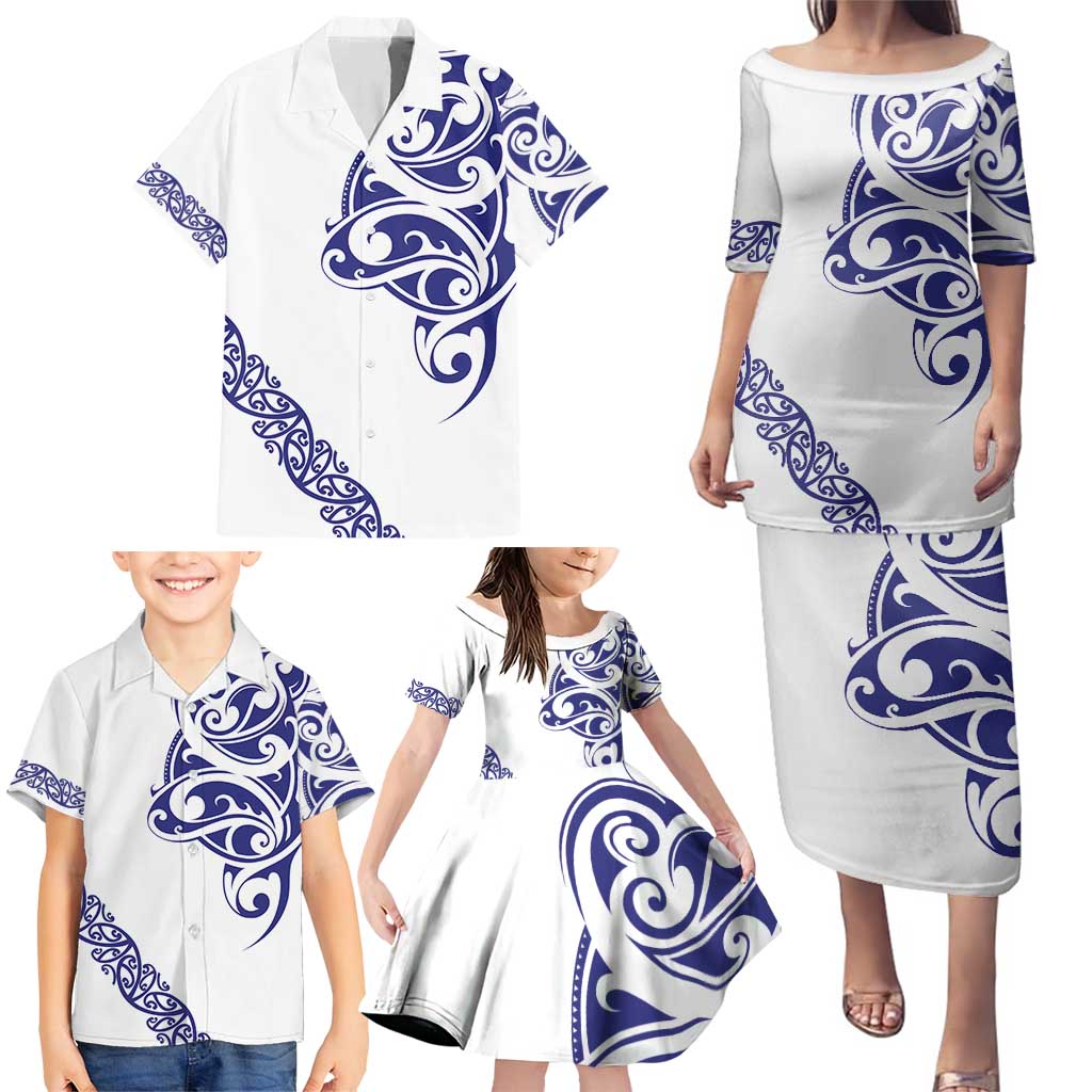 All White Maori Tribal Tattoo Personalised Family Matching Puletasi and Hawaiian Shirt Dark Blue Polynesian Style - Polynesian Pride