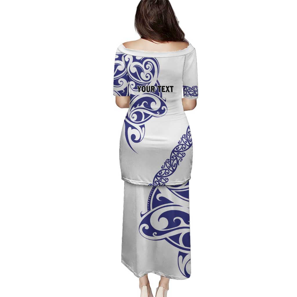 All White Maori Tribal Tattoo Personalised Family Matching Puletasi and Hawaiian Shirt Dark Blue Polynesian Style - Polynesian Pride