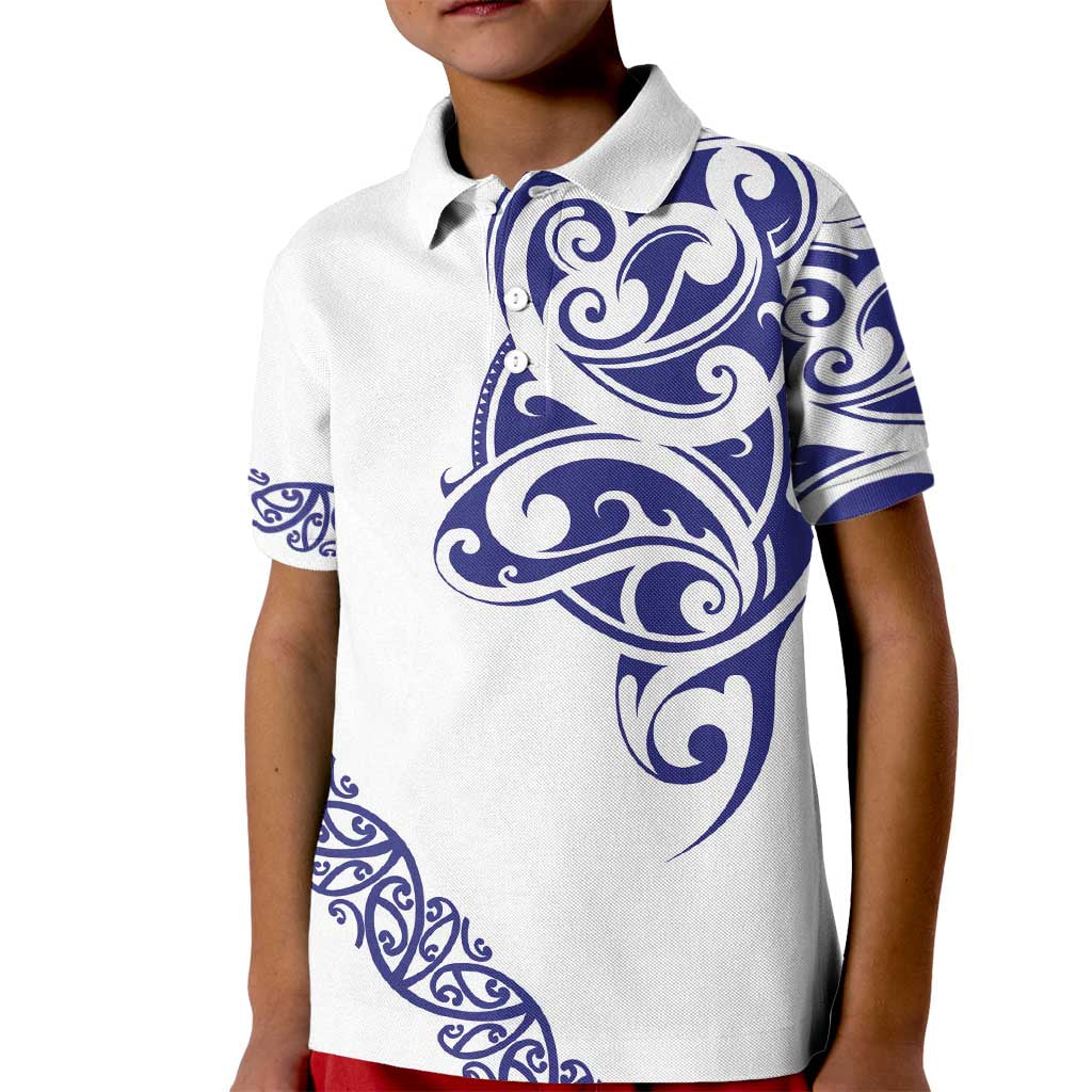 All White Maori Tribal Tattoo Personalised Kid Polo Shirt Dark Blue Polynesian Style - Polynesian Pride