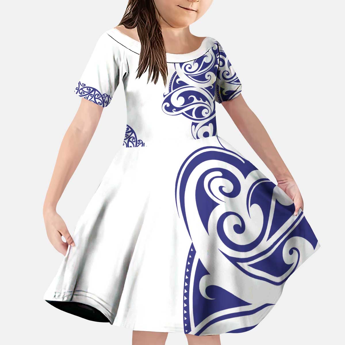 All White Maori Tribal Tattoo Personalised Kid Short Sleeve Dress Dark Blue Polynesian Style - Polynesian Pride