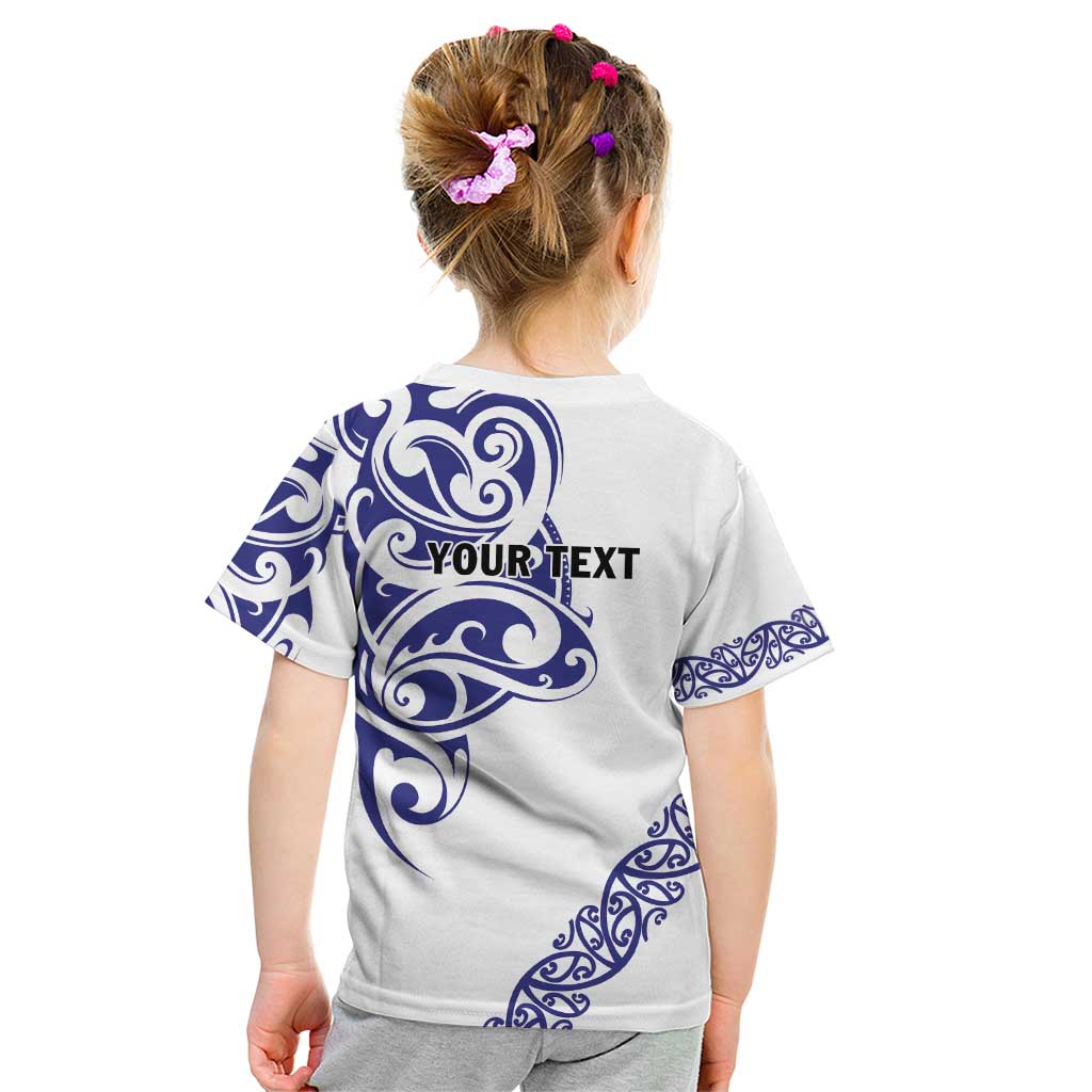 All White Maori Tribal Tattoo Personalised Kid T Shirt Dark Blue Polynesian Style - Polynesian Pride