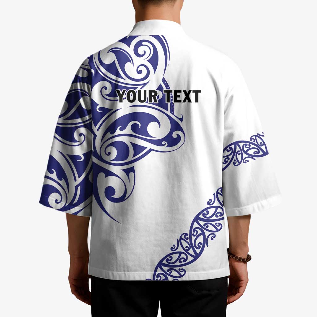 All White Maori Tribal Tattoo Personalised Kimono Dark Blue Polynesian Style - Polynesian Pride