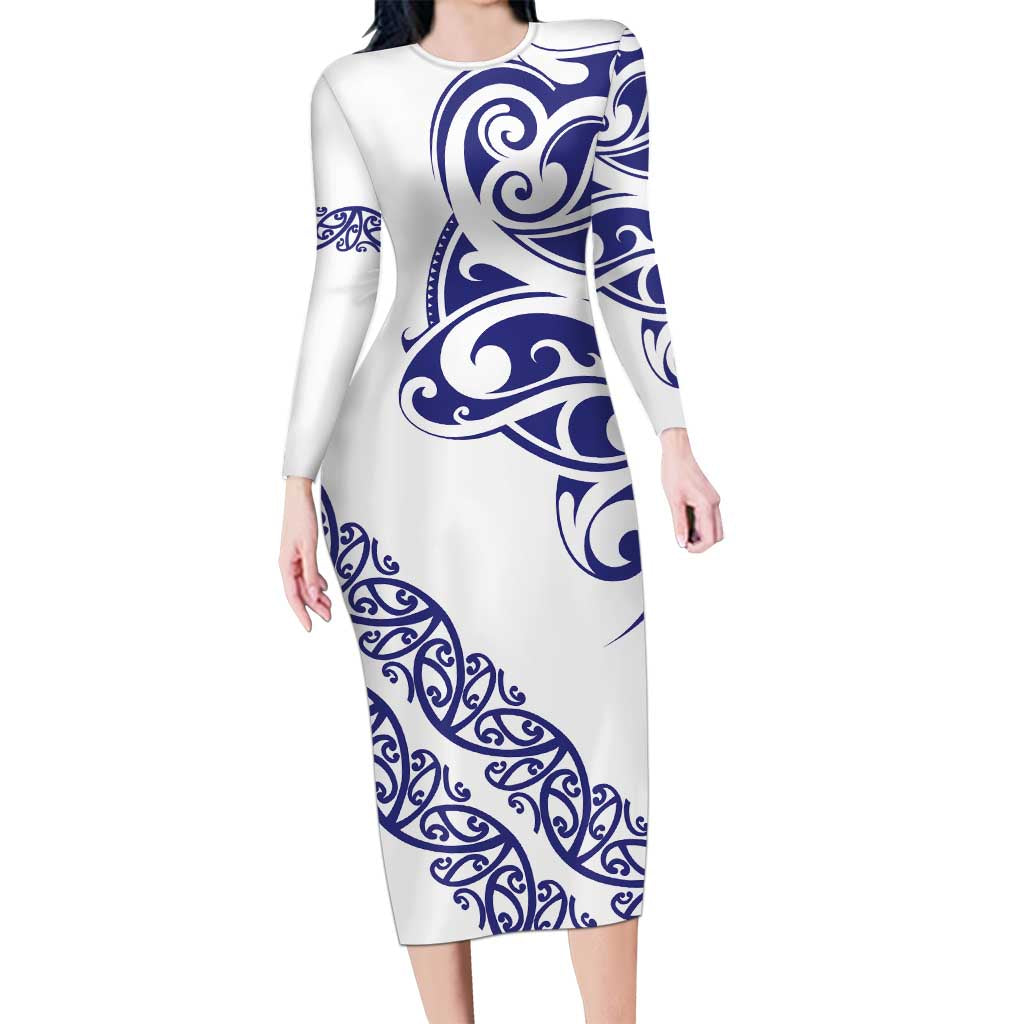All White Maori Tribal Tattoo Personalised Long Sleeve Bodycon Dress Dark Blue Polynesian Style - Polynesian Pride