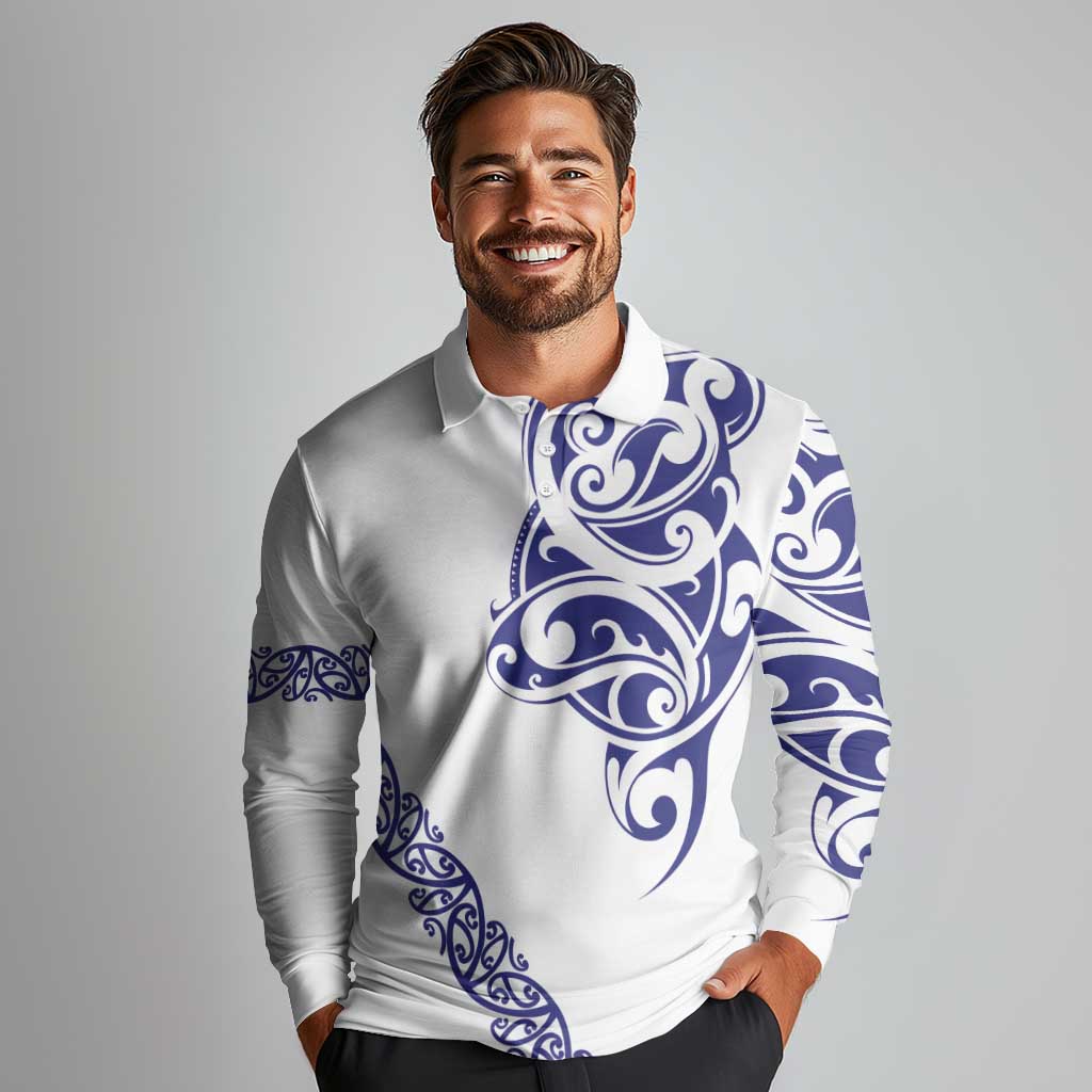All White Maori Tribal Tattoo Personalised Long Sleeve Polo Shirt Dark Blue Polynesian Style - Polynesian Pride