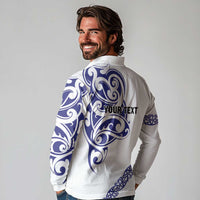 All White Maori Tribal Tattoo Personalised Long Sleeve Polo Shirt Dark Blue Polynesian Style - Polynesian Pride