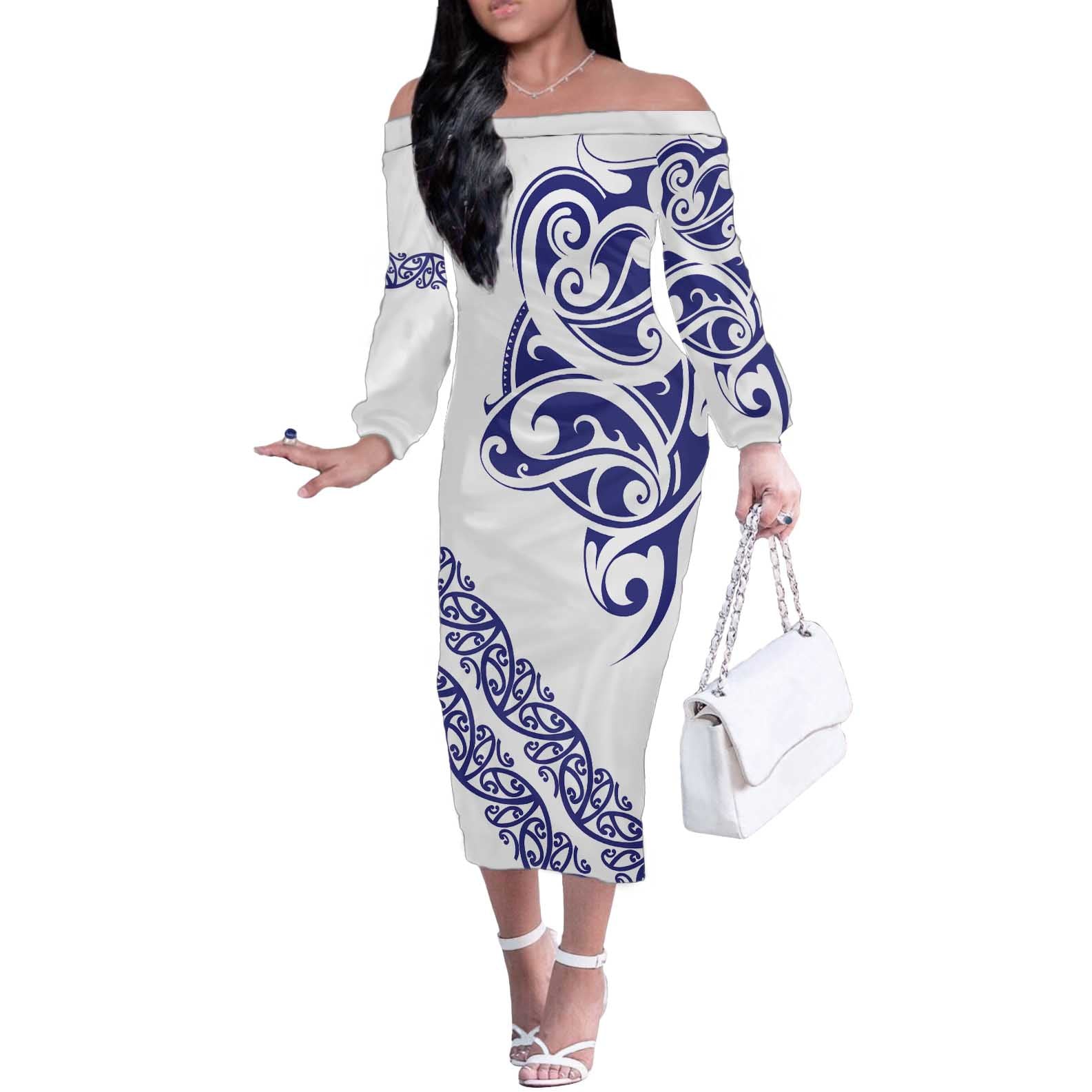 All White Maori Tribal Tattoo Personalised Off The Shoulder Long Sleeve Dress Dark Blue Polynesian Style - Polynesian Pride
