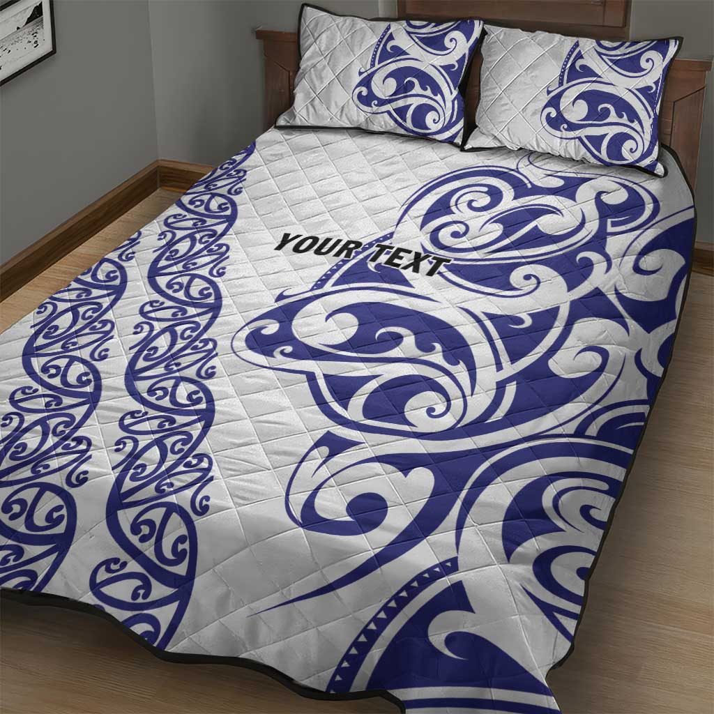 All White Maori Tribal Tattoo Personalised Quilt Bed Set Dark Blue Polynesian Style - Polynesian Pride