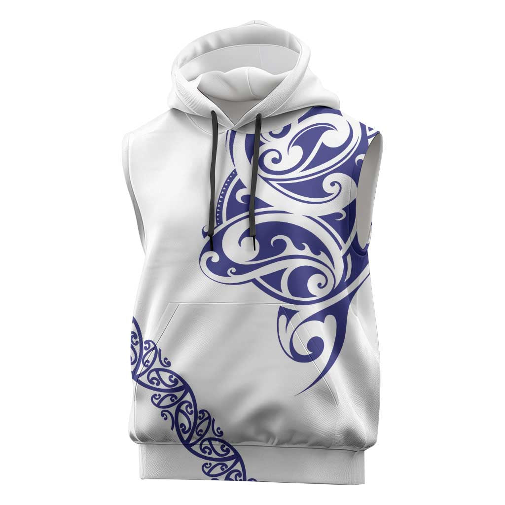 All White Maori Tribal Tattoo Personalised Sleeveless Hoodie Dark Blue Polynesian Style - Polynesian Pride