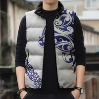 All White Maori Tribal Tattoo Personalised Sleeveless Puffer Jacket Dark Blue Polynesian Style - Polynesian Pride