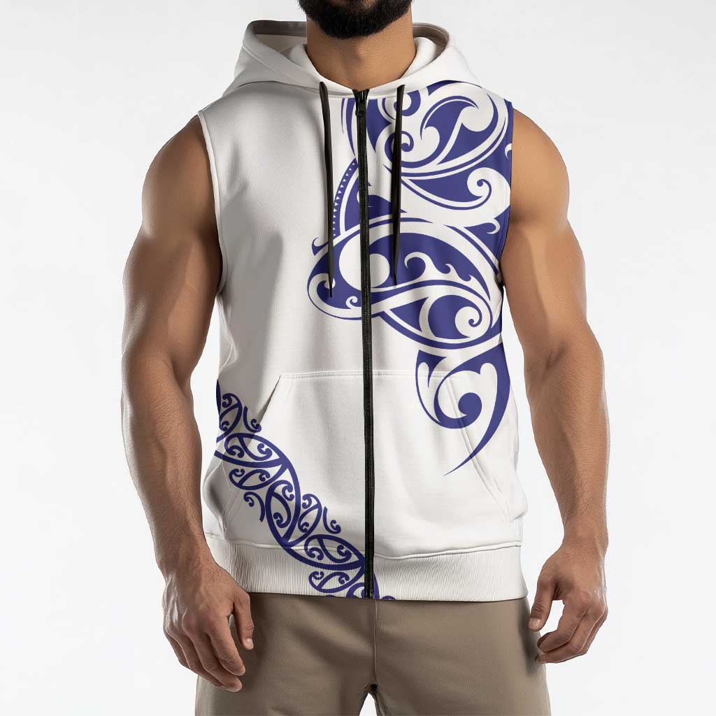 All White Maori Tribal Tattoo Personalised Sleeveless Zip Hoodie Dark Blue Polynesian Style LT9 - Polynesian Pride