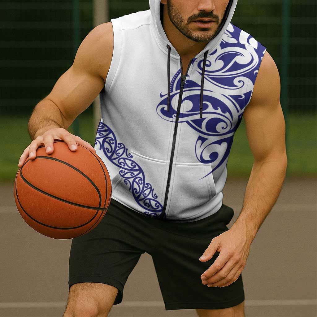 All White Maori Tribal Tattoo Personalised Sleeveless Zip Hoodie Dark Blue Polynesian Style LT9 - Polynesian Pride