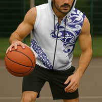 All White Maori Tribal Tattoo Personalised Sleeveless Zip Hoodie Dark Blue Polynesian Style LT9 - Polynesian Pride