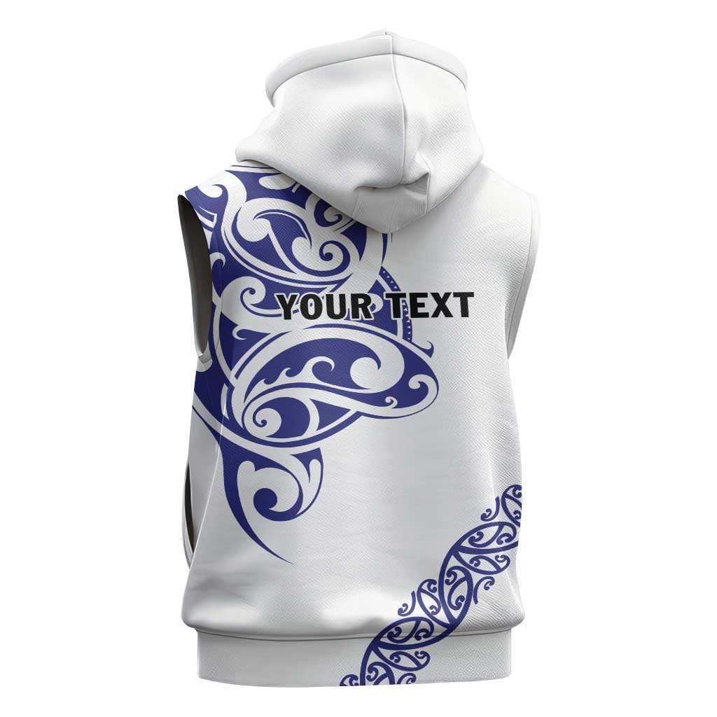 All White Maori Tribal Tattoo Personalised Sleeveless Zip Hoodie Dark Blue Polynesian Style - Polynesian Pride
