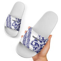 All White Maori Tribal Tattoo Personalised Slide Sandals Dark Blue Polynesian Style - Polynesian Pride