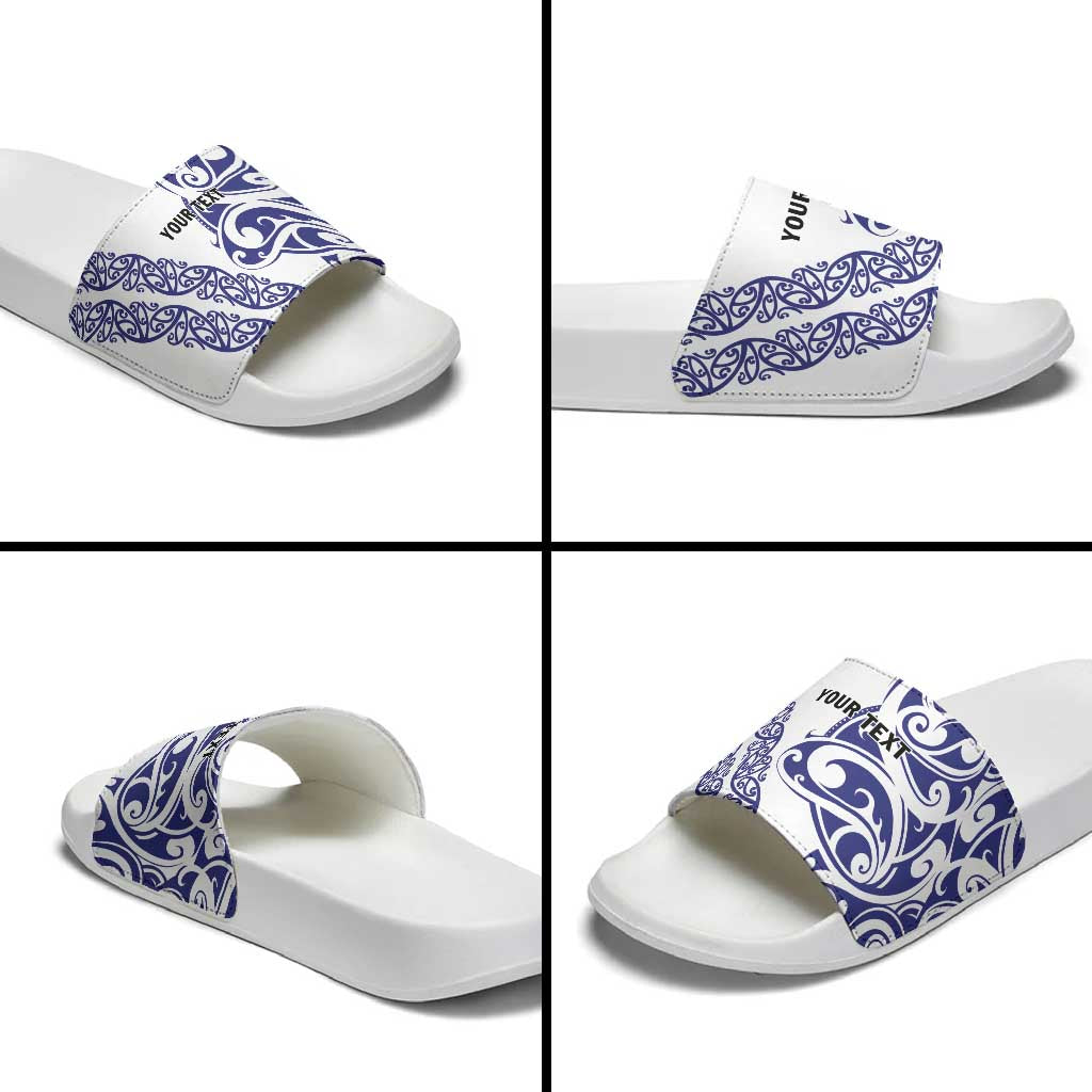All White Maori Tribal Tattoo Personalised Slide Sandals Dark Blue Polynesian Style - Polynesian Pride