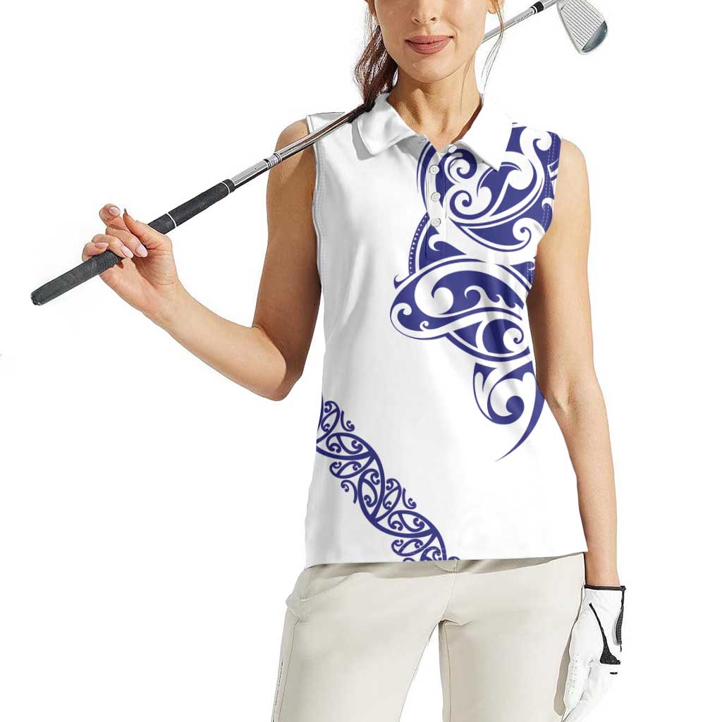 All White Maori Tribal Tattoo Personalised Women Sleeveless Polo Shirt Dark Blue Polynesian Style - Polynesian Pride