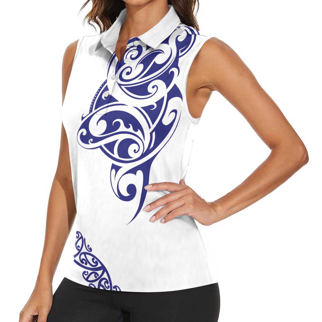All White Maori Tribal Tattoo Personalised Women Sleeveless Polo Shirt Dark Blue Polynesian Style - Polynesian Pride