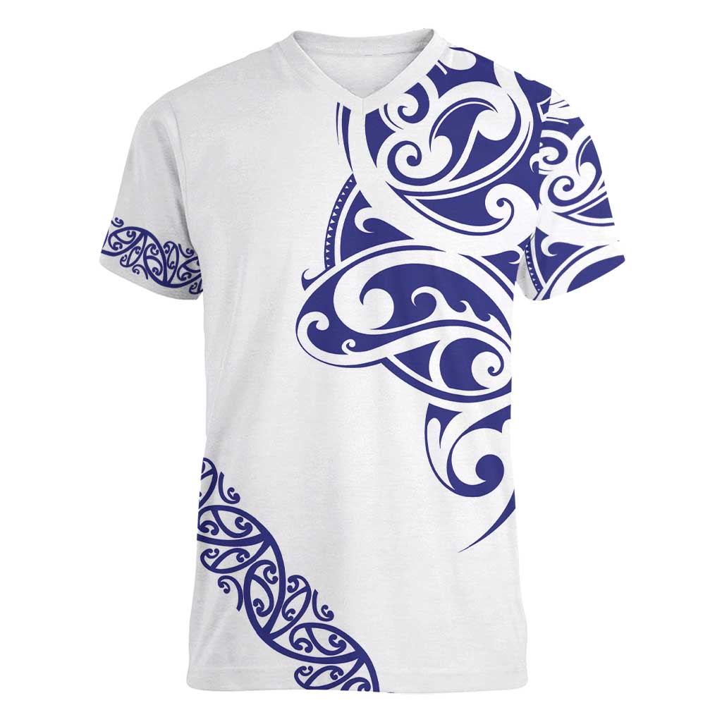 All White Maori Tribal Tattoo Personalised Women V-Neck T-Shirt Dark Blue Polynesian Style - Polynesian Pride