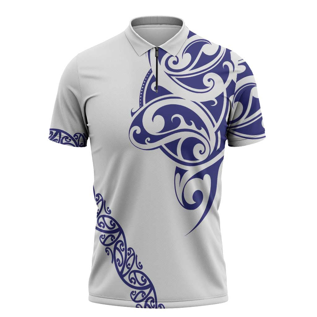 All White Maori Tribal Tattoo Personalised Zipper Polo Shirt Dark Blue Polynesian Style - Polynesian Pride