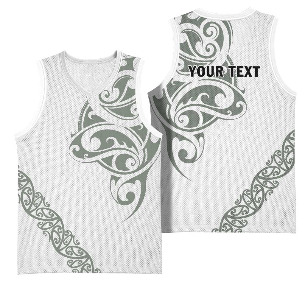 All White Maori Tribal Tattoo Personalised Basketball Jersey Moss Green Polynesian Style - Polynesian Pride