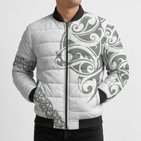 All White Maori Tribal Tattoo Personalised Bomber Puffer Jacket Moss Green Polynesian Style - Polynesian Pride