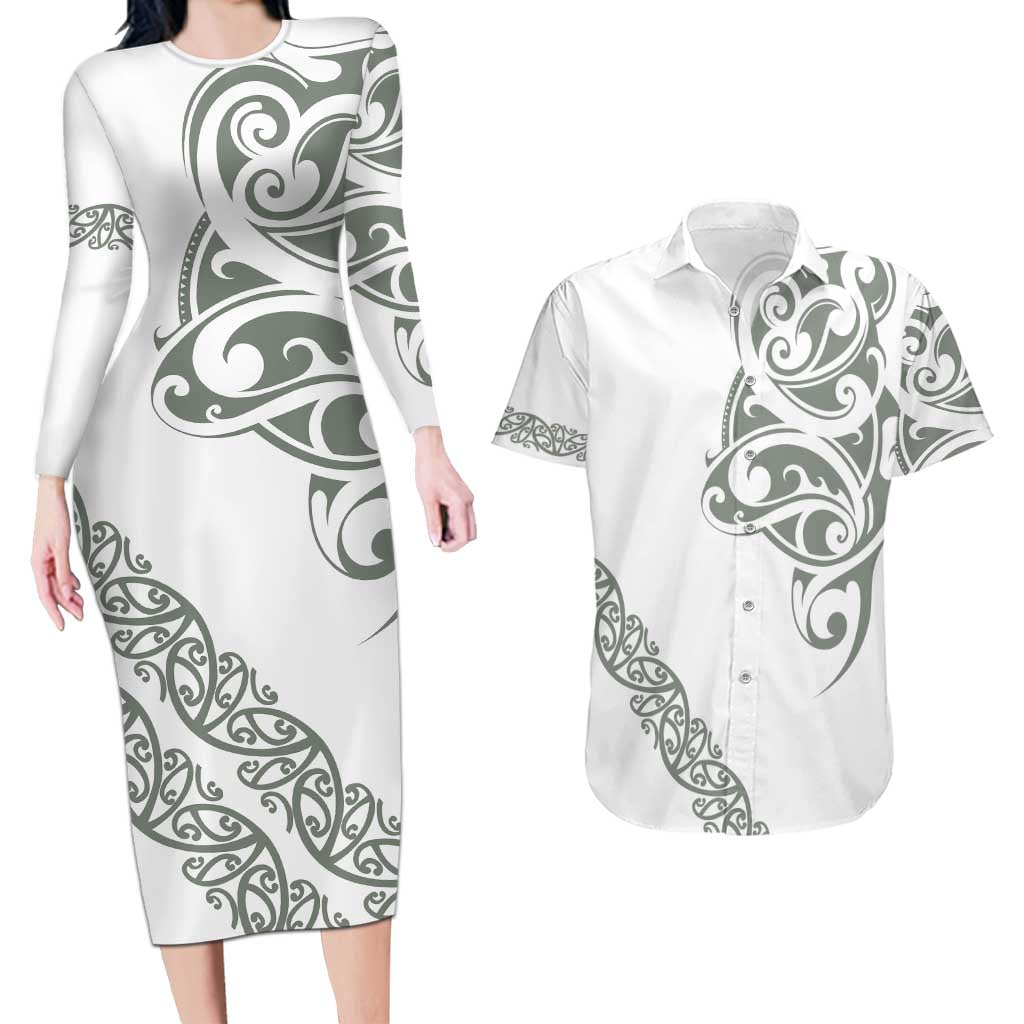 All White Maori Tribal Tattoo Personalised Couples Matching Long Sleeve Bodycon Dress and Hawaiian Shirt Moss Green Polynesian Style - Polynesian Pride